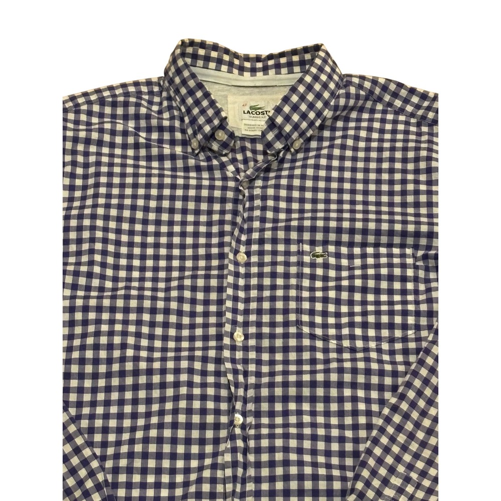 Lacoste Mens Classic Fit Gingham Check Button Down Shirt Purple White Size 42